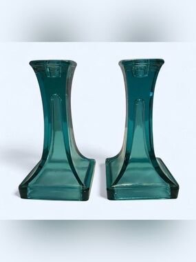 Vintage Mid-Century Morgantown Collection Peacock Blue Glass Candle Stick Holder